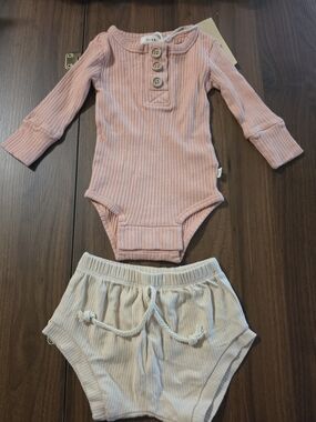 Dear Hayden Ribbed Pink Long-Sleeve One-Piece with Cream Shorts